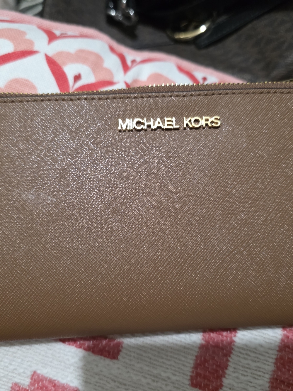 Michael Kors Tan Saffiano Leather Zip Wallet with Gold Logo